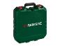 Grüner Parkside Werkzeugkoffer mit schwarzem Griff und roten Verschlüssen.