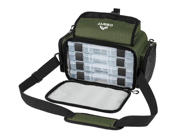 Grüne Angeltasche mit vier transparenten Geräteboxen und Schultergurt.