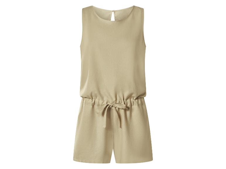 Beiger ärmelloser Damen-Jumpsuit mit Kordelzug in der Taille.