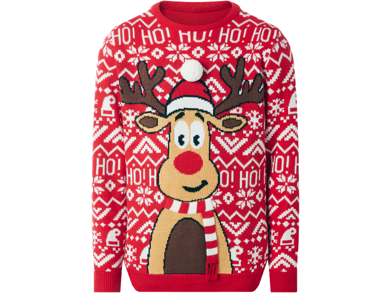 Roter Kinder-Weihnachtspullover mit einem Rentier mit Schal und Weihnachtsmütze