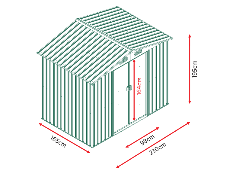 Grüner Metallschuppen mit Maßen: 165cm Breite, 230cm Tiefe, 195cm Höhe, Türhöhe 164cm.
