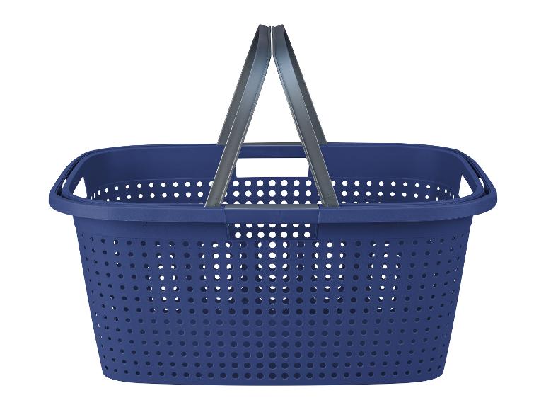Dunkelblauer, perforierter Aufbewahrungskorb mit Griffen.