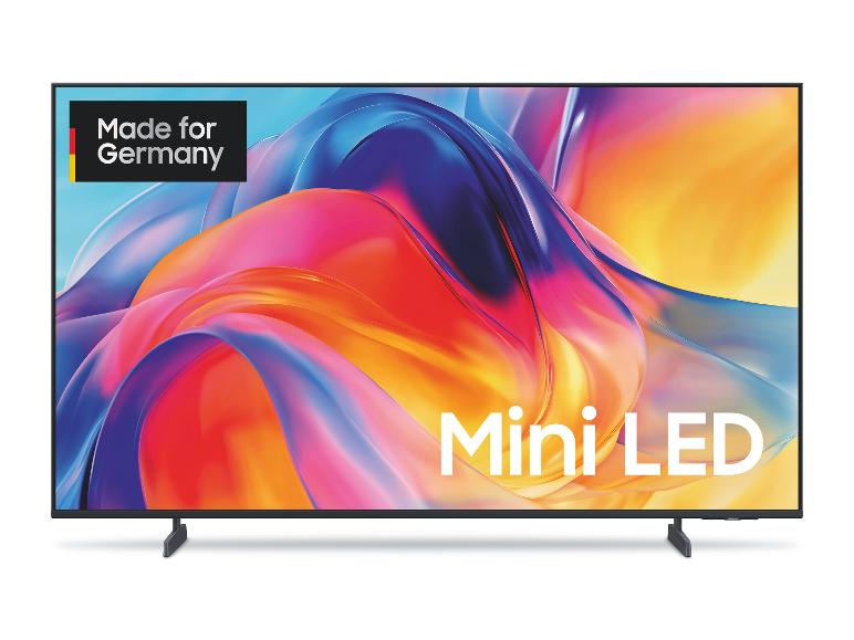 Mini LED Fernseher mit farbenfrohem abstraktem Display, mit dem Label „Made for Germany“.