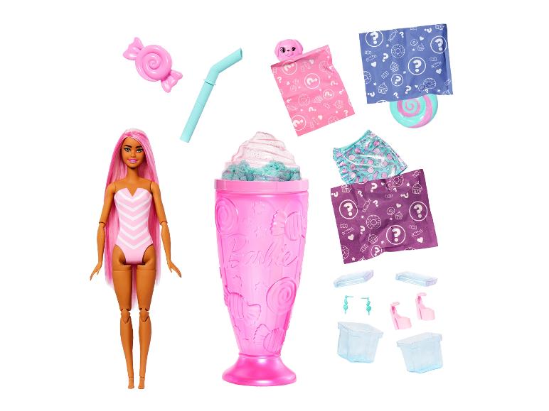 Puppe mit rosa Haaren, rosa Shaker und Überraschungszubehör.