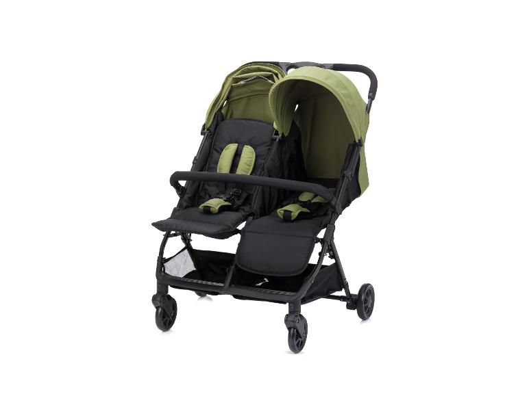 Grüner und schwarzer Zwillingskinderwagen mit zwei Sitzen