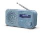 Blaues Radio mit Antenne, Bluetooth-Anzeige und Bedientasten.