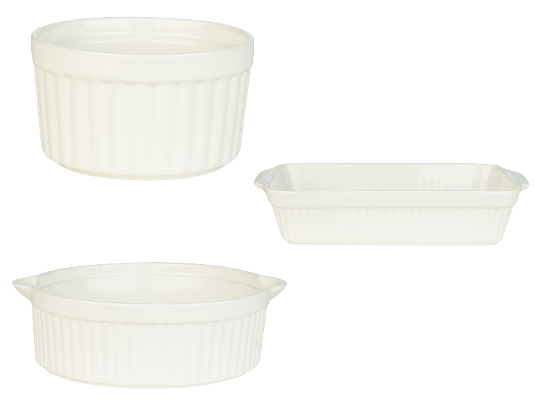 Drei weiße Keramik-Auflaufformen: rund, rechteckig und oval