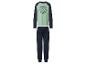 Kinderpyjama mit hellgrünem Langarmshirt und marineblauer Hose, mit Baseball-Aufdruck.