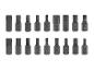 Ein Satz von 18 Schraubendreher-Bits, einschließlich Torx-, Hex- und Spline-Typen, in verschiedenen Größen.