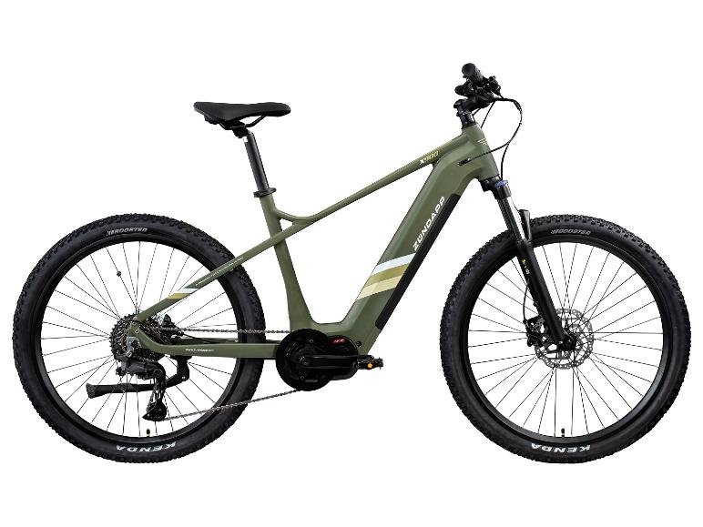 Olivgrünes E-Mountainbike mit goldenen und weißen Akzenten, ausgestattet mit Offroad-Reifen.