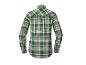 Ein grün-beiges kariertes Hemd mit langen Ärmeln.