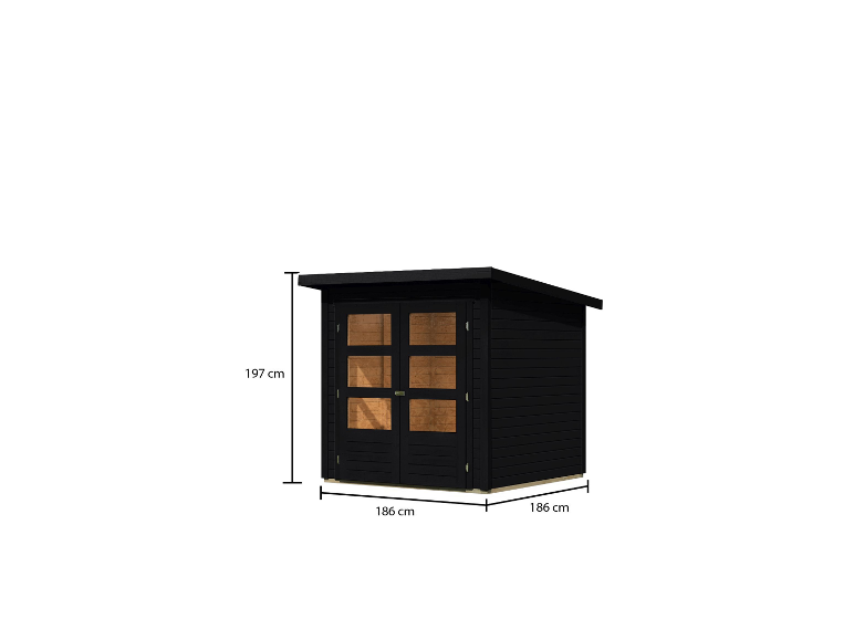 Plan eines schwarzen Gartenhauses mit den Maßen 186 x 186 x 197 cm.