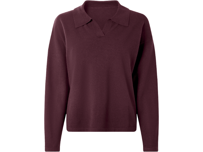 Bordeauxroter Langarmpullover mit Polokragen.