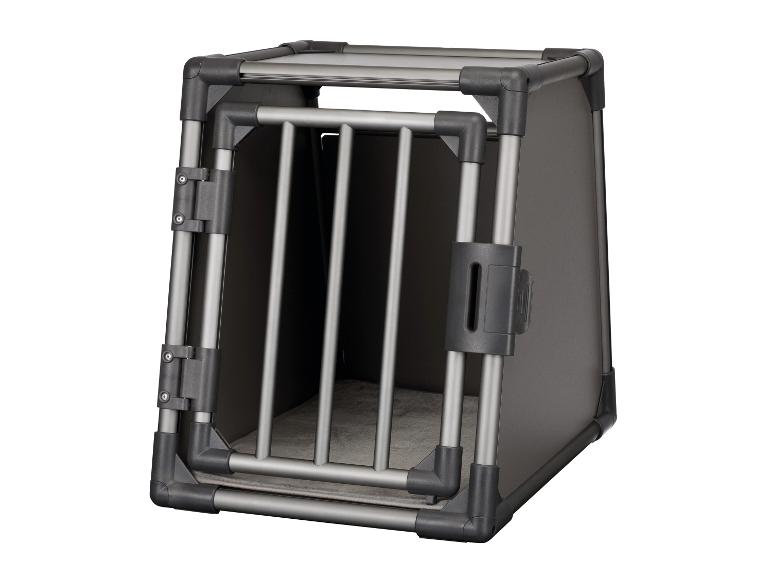 Dunkelgraue Haustiertransportbox mit Metallstangentür.