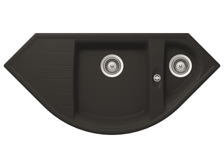 Dunkelgraue Eckspüle mit zwei Becken und Abtropffläche