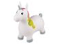 Weißes aufblasbares Einhorn mit rosa, gelber und grüner Mähne und grauem Horn