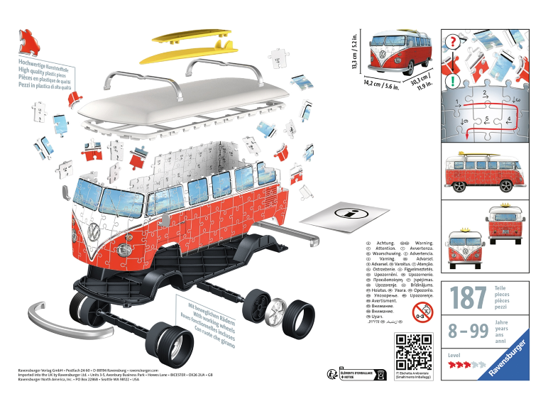Anleitung zum Zusammenbau eines 3D-Puzzles in Form eines rot-weißen Campingbusses mit Surfbrettern.