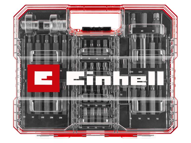 Schrauberbit-Set in transparenter roter Box, mit verschiedenen Sechskant-, Torx- und Spline-Bits.