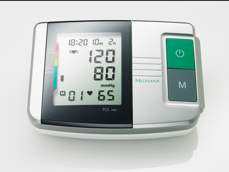 Ein digitales Blutdruckmessgerät von Medisana mit einem Display, das 120/80 mmHg und 65 bpm anzeigt.