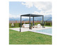 Eine moderne Pergola mit Loungemöbeln neben einem Pool.