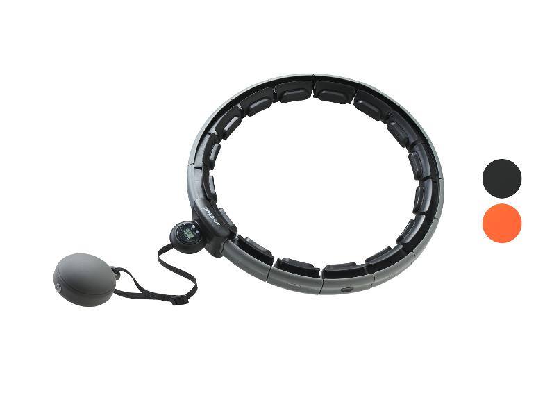 Ein grauer und schwarzer Smart-Hula-Hoop mit digitalem Zähler und angebrachtem Gewicht.