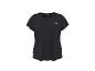 Schwarzes kurzärmeliges Sport-T-Shirt mit kleinem weißem Logo auf der Brust