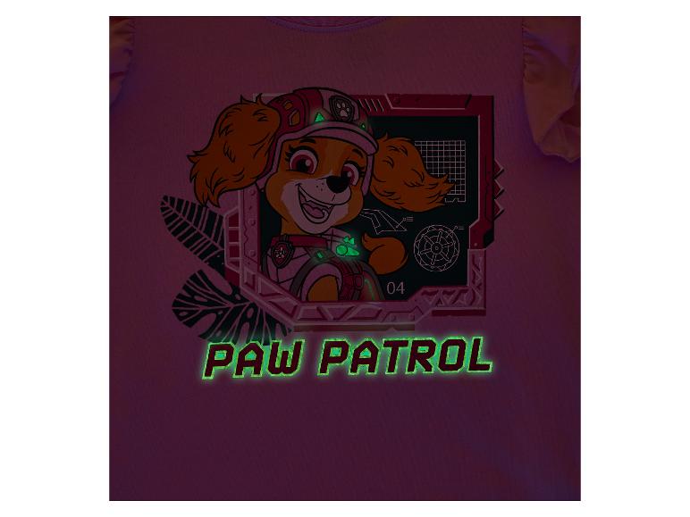 Rosa T-Shirt mit lächelndem Welpenmotiv und leuchtendem Text „PAW PATROL“.