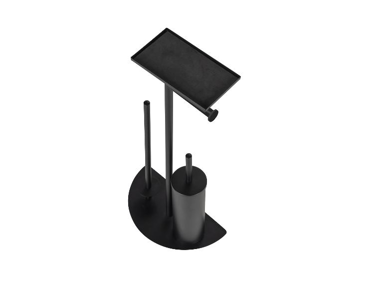 Schwarzer Metallhalter für Toilettenpapier, Bürste und Ersatzrollen.