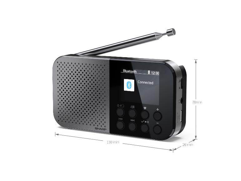 Digitalradio mit Bluetooth, Display und Abmessungen von 130x70x26 mm.