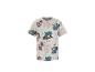 Weißes Kinder-T-Shirt mit Cartoon-Hunden und bunten Wappen.