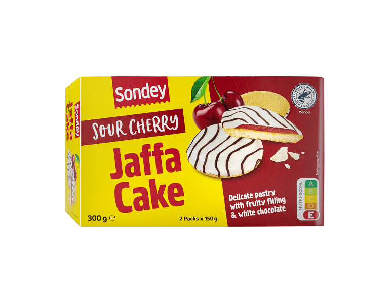 Verpackung Jaffa Cakes mit Sauerkirschgeschmack und weißer Schokolade, 300g.