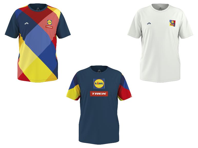 Drei Sportshirts: eines mit farbigem Muster, eines weiß und eines dunkelblau.