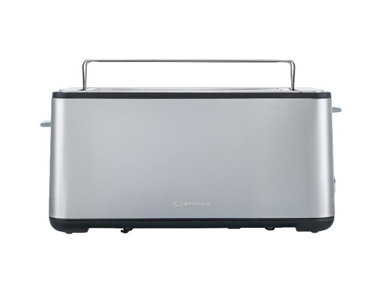 Edelstahl-Toaster mit Brötchenaufsatz oben.