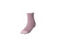 Einzelne rosa Socke mit weißer Spitze und Ferse, isoliert auf schwarzem Hintergrund.