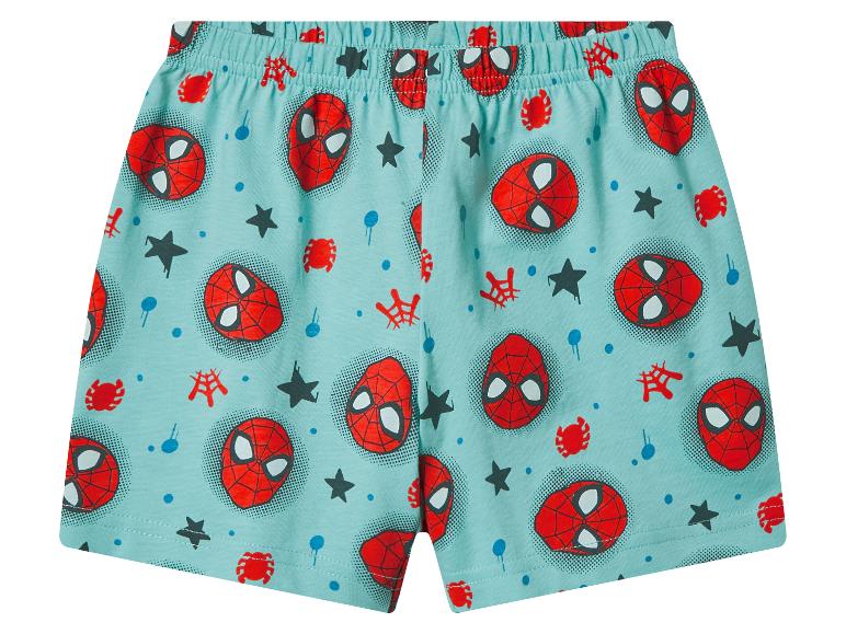 Hellblaue Kinder-Pyjamashorts mit Superhelden-Gesichtern und Spinnenmotiven.