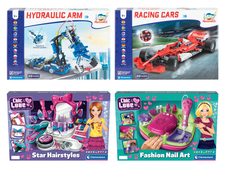 Clementoni Spielzeug: hydraulischer Arm, Rennautos, Star-Frisuren und Nagelkunst.