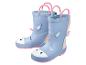 Hellblaue Kinder-Regenstiefel mit Einhorn-Design und rosa Details.