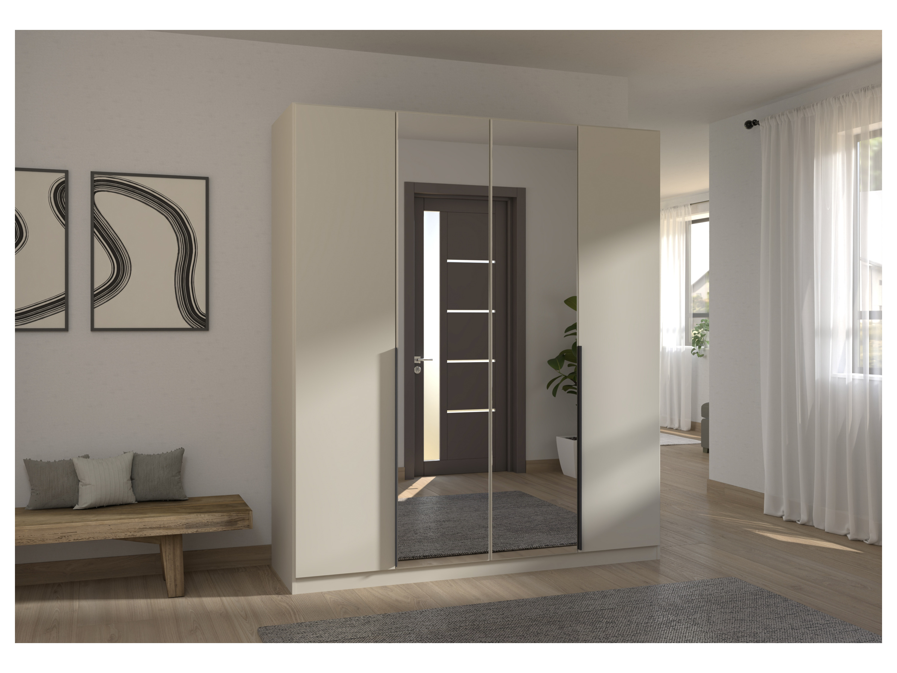 RAUCH ORANGE Drehtürenschrank Alabama mit Spiegel (Classic-Zubehör, Beige-Champagner, Griffe Grau, 181 x 210 cm) – Bild 2 von 4