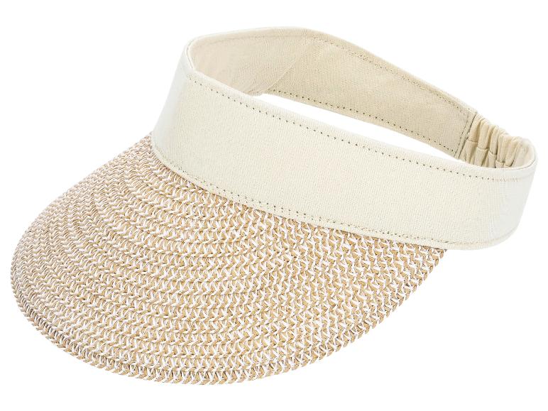 Beiges Strohvisier mit Gummiband, ideal für Sonnenschutz.