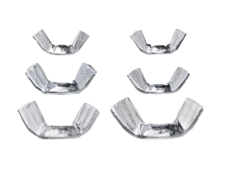 Sechs verschiedene Größen von U-förmigen Muttern aus Metall.