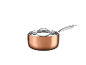 Kupferfarbener Topf mit Deckel und Metallgriff.