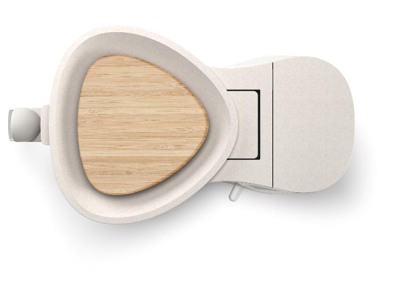 Küchenprodukt mit Holzschneidebrett und hellbeigem Behälter, Draufsicht.