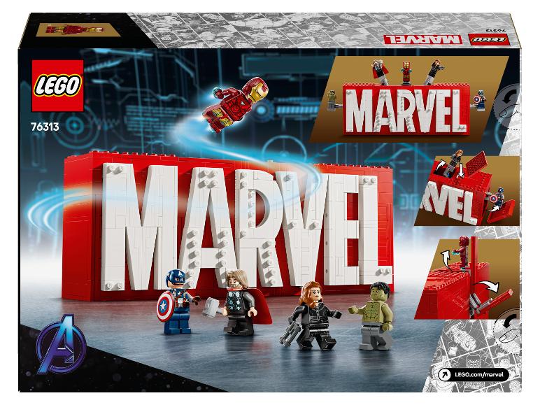LEGO Marvel Set mit roten und weißen Buchstaben, Iron Man, Captain America, Thor, Black Widow und Hulk Minifiguren.
