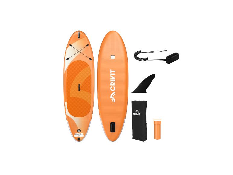 Orangefarbenes aufblasbares Stand-Up-Paddleboard mit Zubehör, Flosse, Leine und Tasche.
