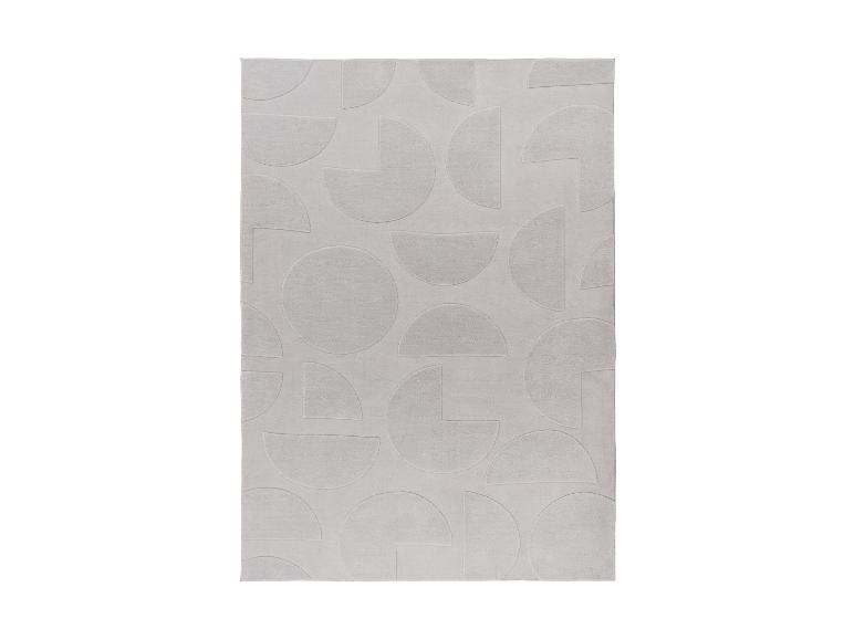 Hellgrauer Teppich mit einem geometrischen Muster aus Kreisen und Halbkreisen.
