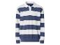 Weiß-blau gestreiftes Langarm-Poloshirt mit weißem Kragen und Knöpfen