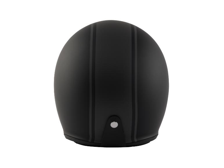 Ein schwarzer Motorradhelm mit zwei grauen Streifen.