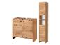 Badezimmermöbel-Set mit einem Waschtischunterschrank und einem Hochschrank in heller Holzoptik.