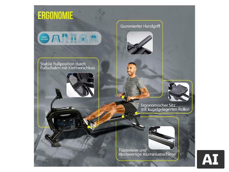Christopeit Sport Wasser-Rudergerät WP 2000 und seine ergonomischen Merkmale. [KI-generiertes Bild]