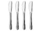 Set aus vier silbernen Buttermessern mit abgerundeten Klingen und Griffen.